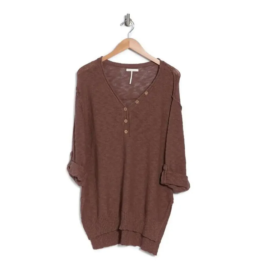 Stitchdrop Women's‎ Slub V-Neck Button Henley In Coconut Shell Small MSRP $72
